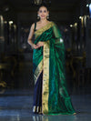 Banarasee Handwoven Dual Color Tissue Saree With Gold Zari Border & Lace-Green & Black