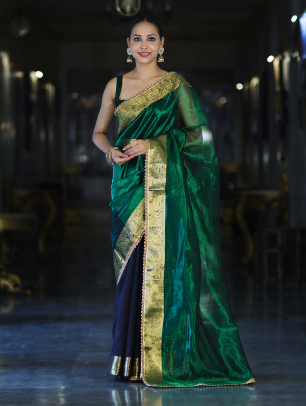 Banarasee Handwoven Dual Color Tissue Saree With Gold Zari Border & Lace-Green & Black