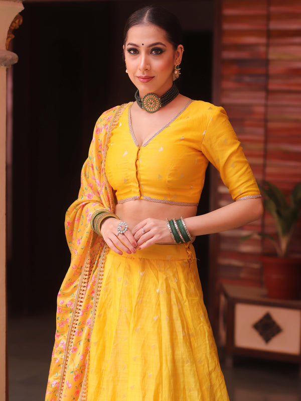 Banarasee Chanderi Silk Lehenga & Blouse With Crepe Silk Dupatta-Yellow