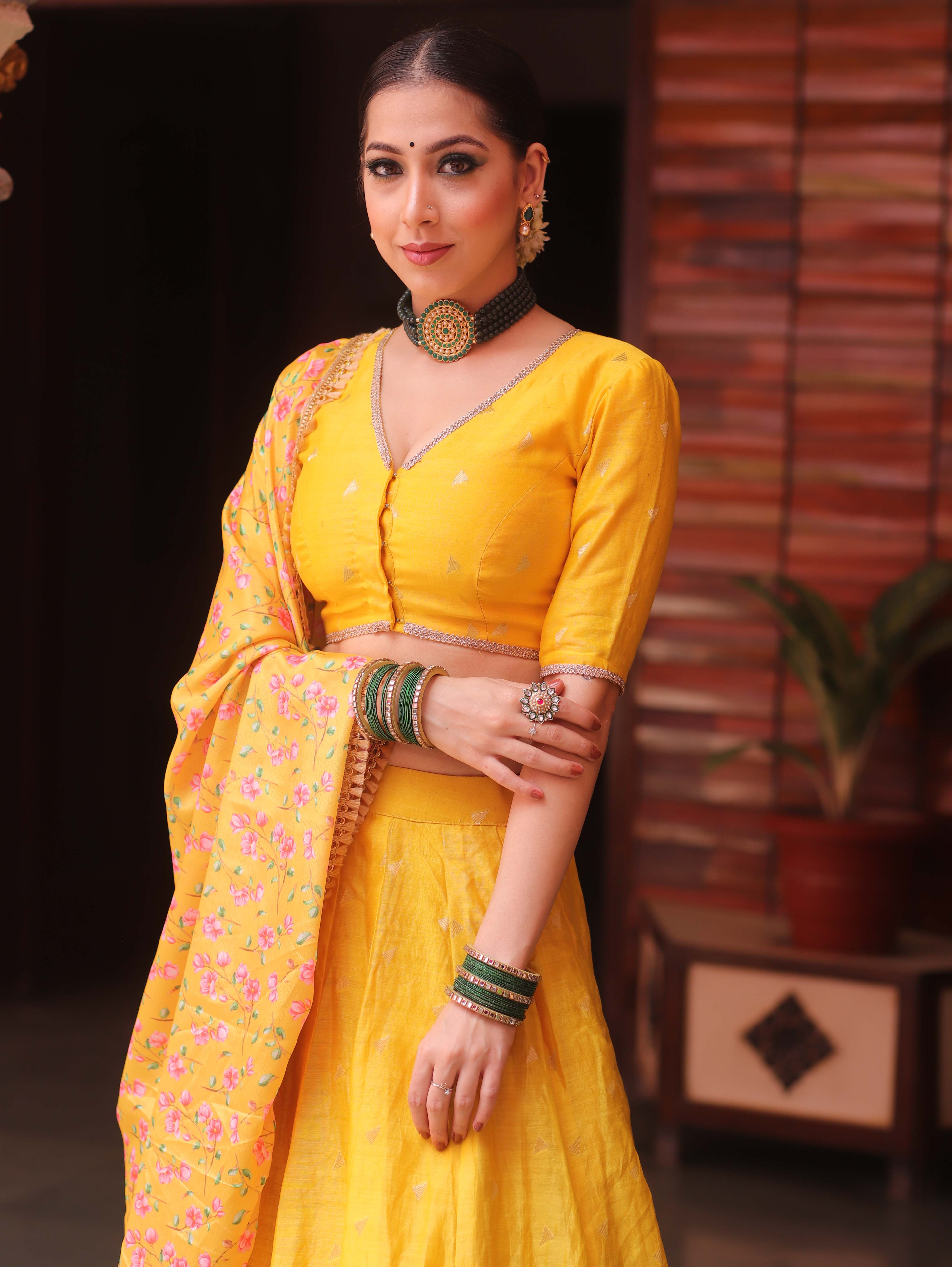 Banarasee Chanderi Silk Lehenga & Blouse With Crepe Silk Dupatta-Yellow