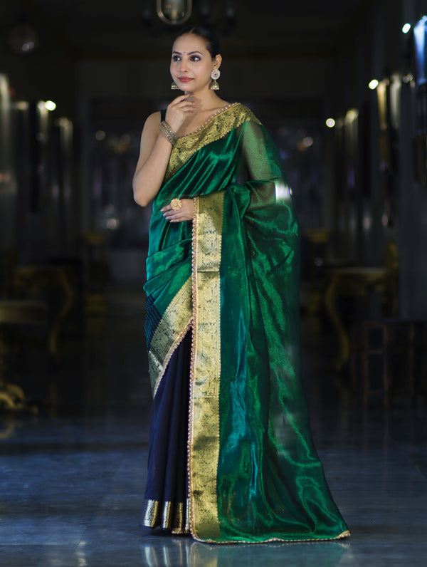 Banarasee Handwoven Dual Color Tissue Saree With Gold Zari Border & Lace-Green & Black