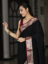 Banarasee Handloom Plain Semi Silk Saree With Zari Woven Contrast Border-Black & Maroon