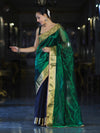 Banarasee Handwoven Dual Color Tissue Saree With Gold Zari Border & Lace-Green & Black
