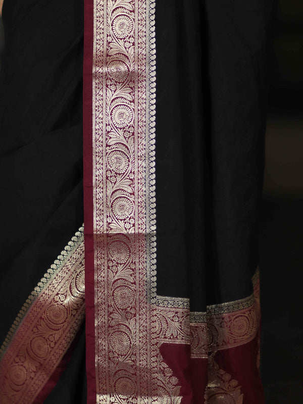Banarasee Handloom Plain Semi Silk Saree With Zari Woven Contrast Border-Black & Maroon