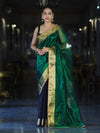 Banarasee Handwoven Dual Color Tissue Saree With Gold Zari Border & Lace-Green & Black