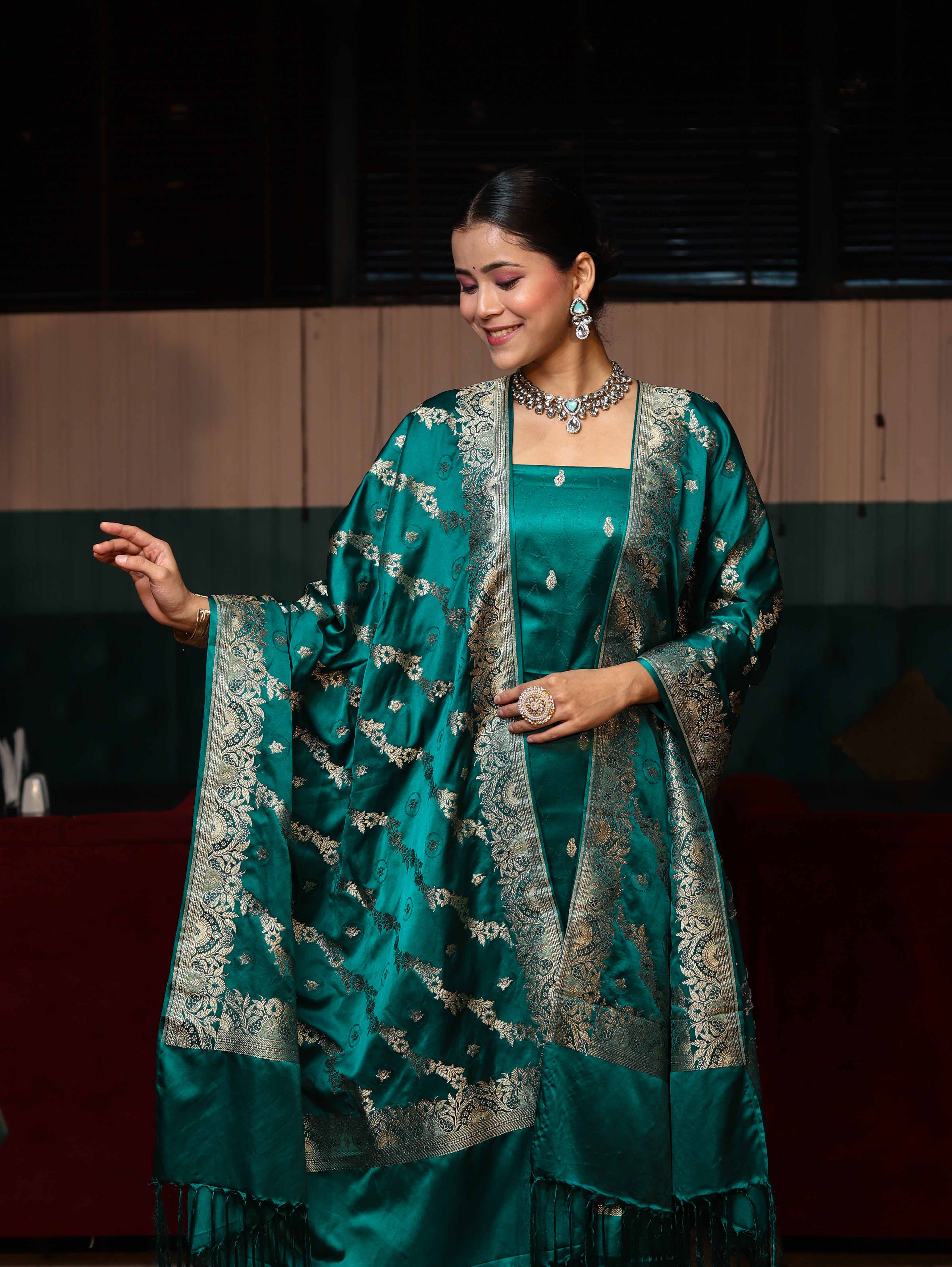 Banarasee Semi Katan Silk Zari Work Salwar Kameez Fabric With Dupatta Set-Teal Blue