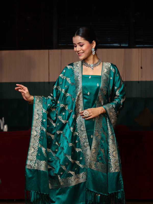 Banarasee Semi Katan Silk Zari Work Salwar Kameez Fabric With Dupatta Set-Teal Blue