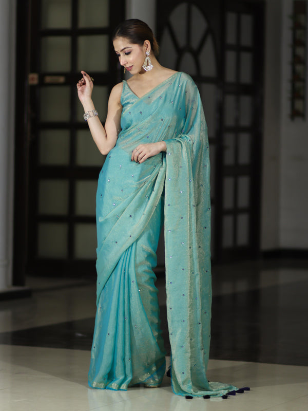 Banarasee Handwoven Dual Shaded Chiffon Saree With Mirror Work-Turquoise Green