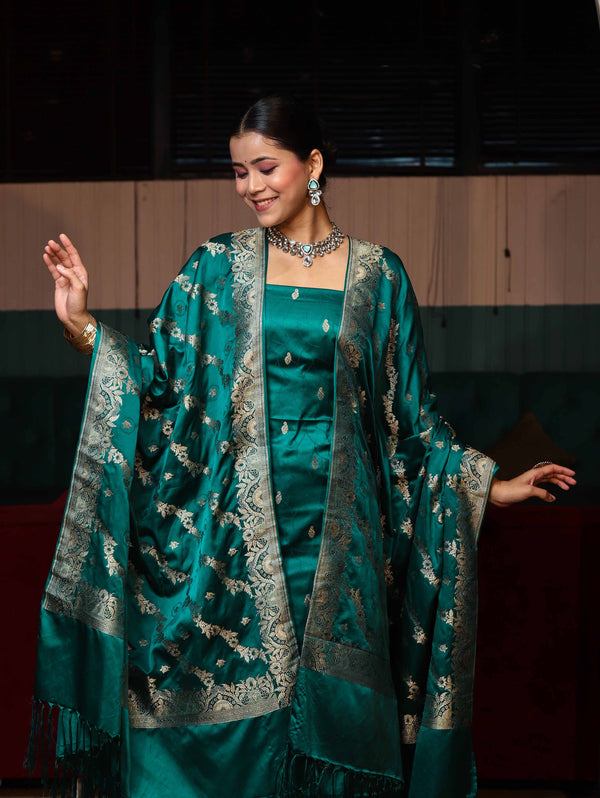 Banarasee Semi Katan Silk Zari Work Salwar Kameez Fabric With Dupatta Set-Teal Blue