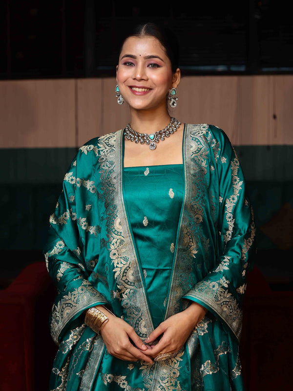 Banarasee Semi Katan Silk Zari Work Salwar Kameez Fabric With Dupatta Set-Teal Blue