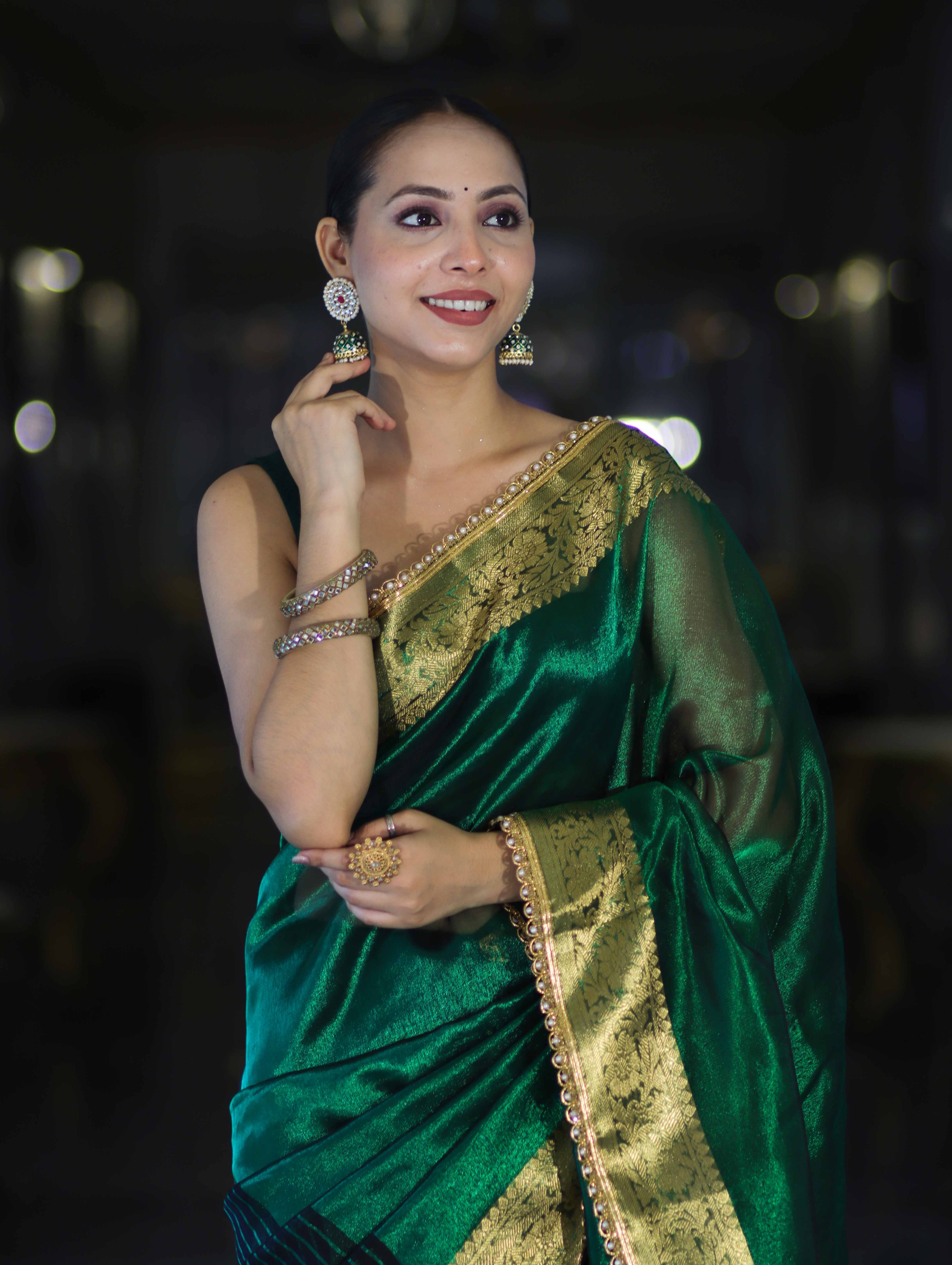 Banarasee Handwoven Dual Color Tissue Saree With Gold Zari Border & Lace-Green & Black