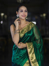 Banarasee Handwoven Dual Color Tissue Saree With Gold Zari Border & Lace-Green & Black