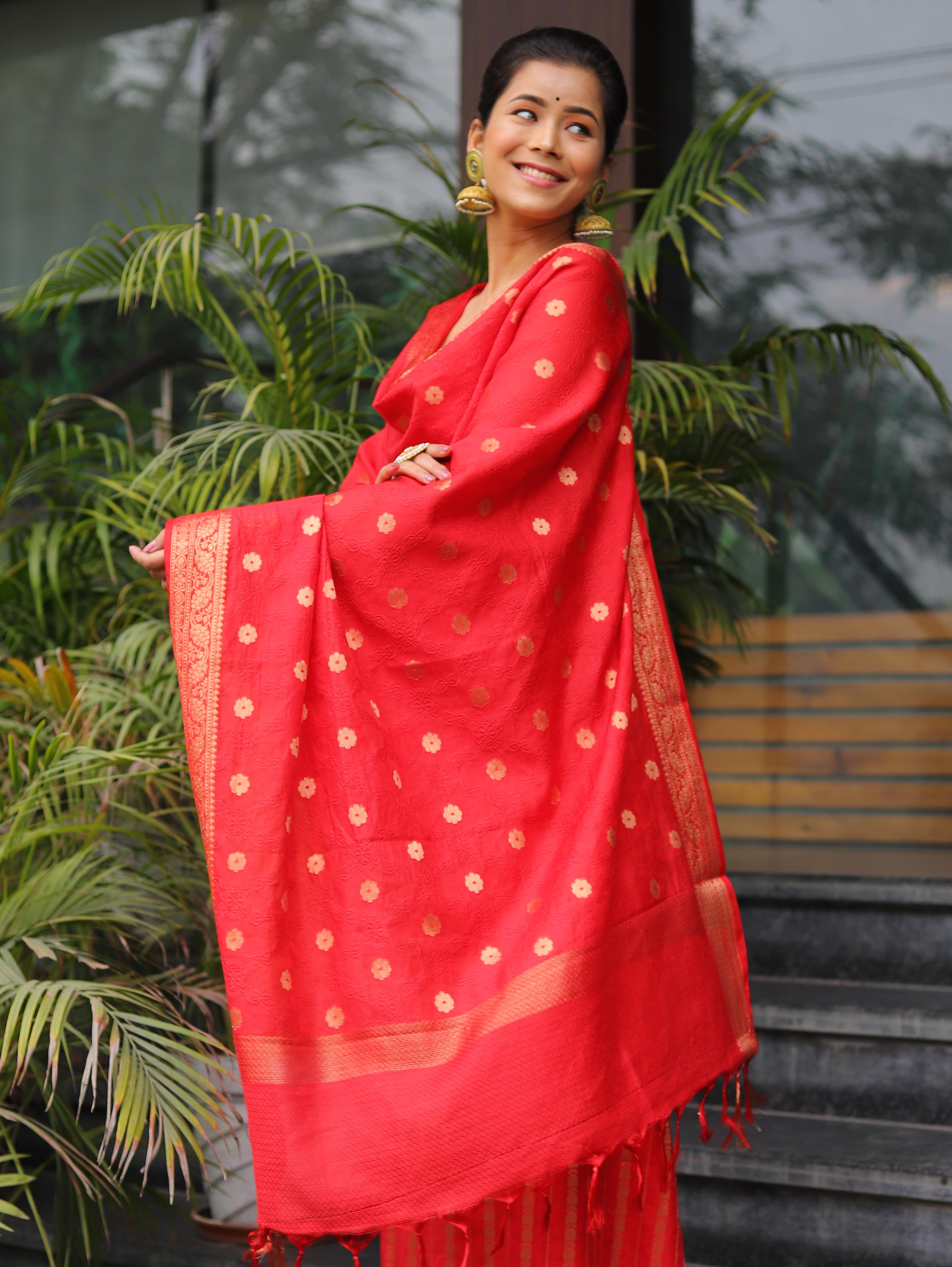 Banarasee Cotton Silk Salwar Kameez Fabric With Zari Work-Red