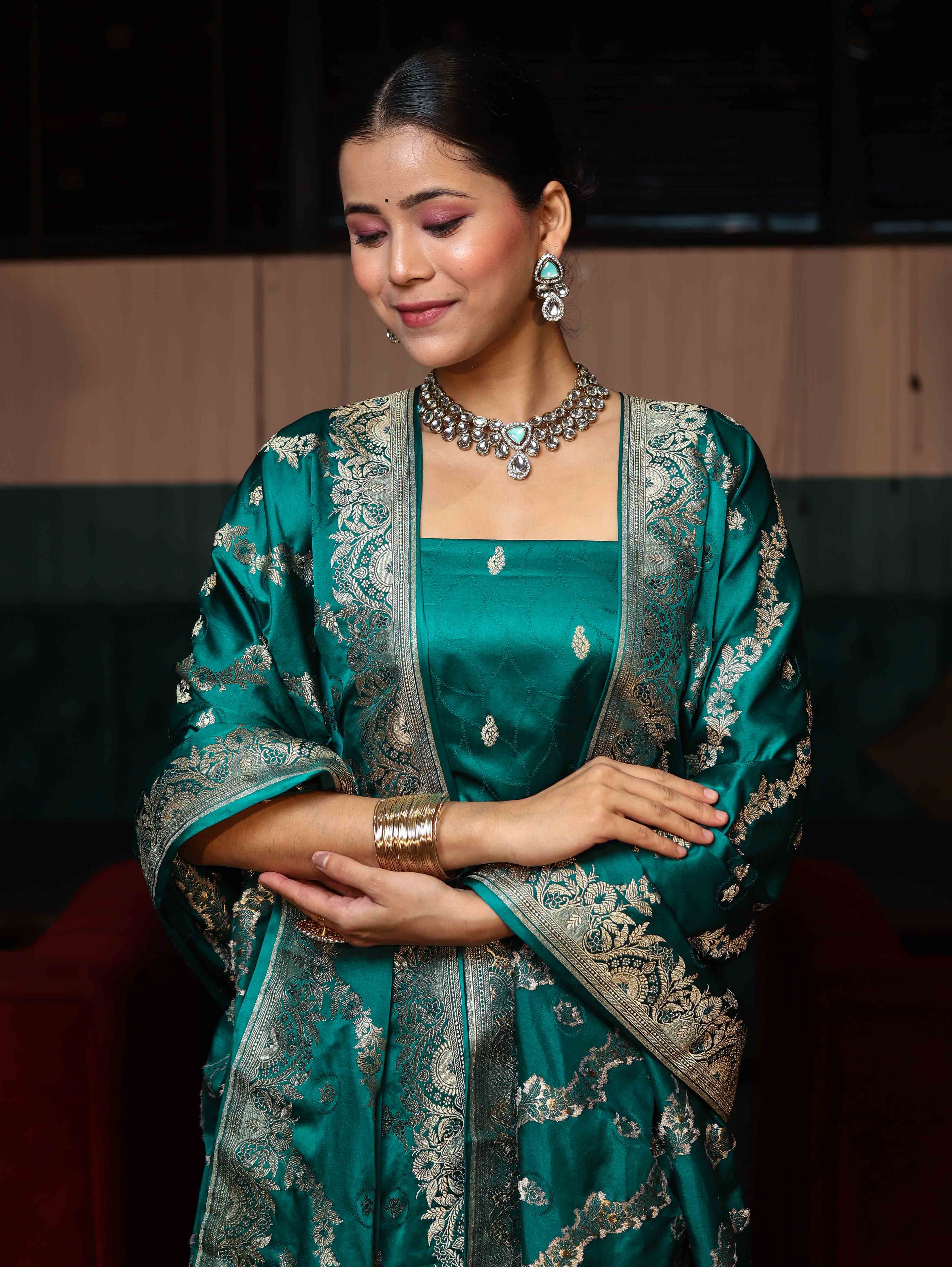 Banarasee Semi Katan Silk Zari Work Salwar Kameez Fabric With Dupatta Set-Teal Blue