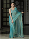 Banarasee Handwoven Dual Shaded Chiffon Saree With Mirror Work-Turquoise Green
