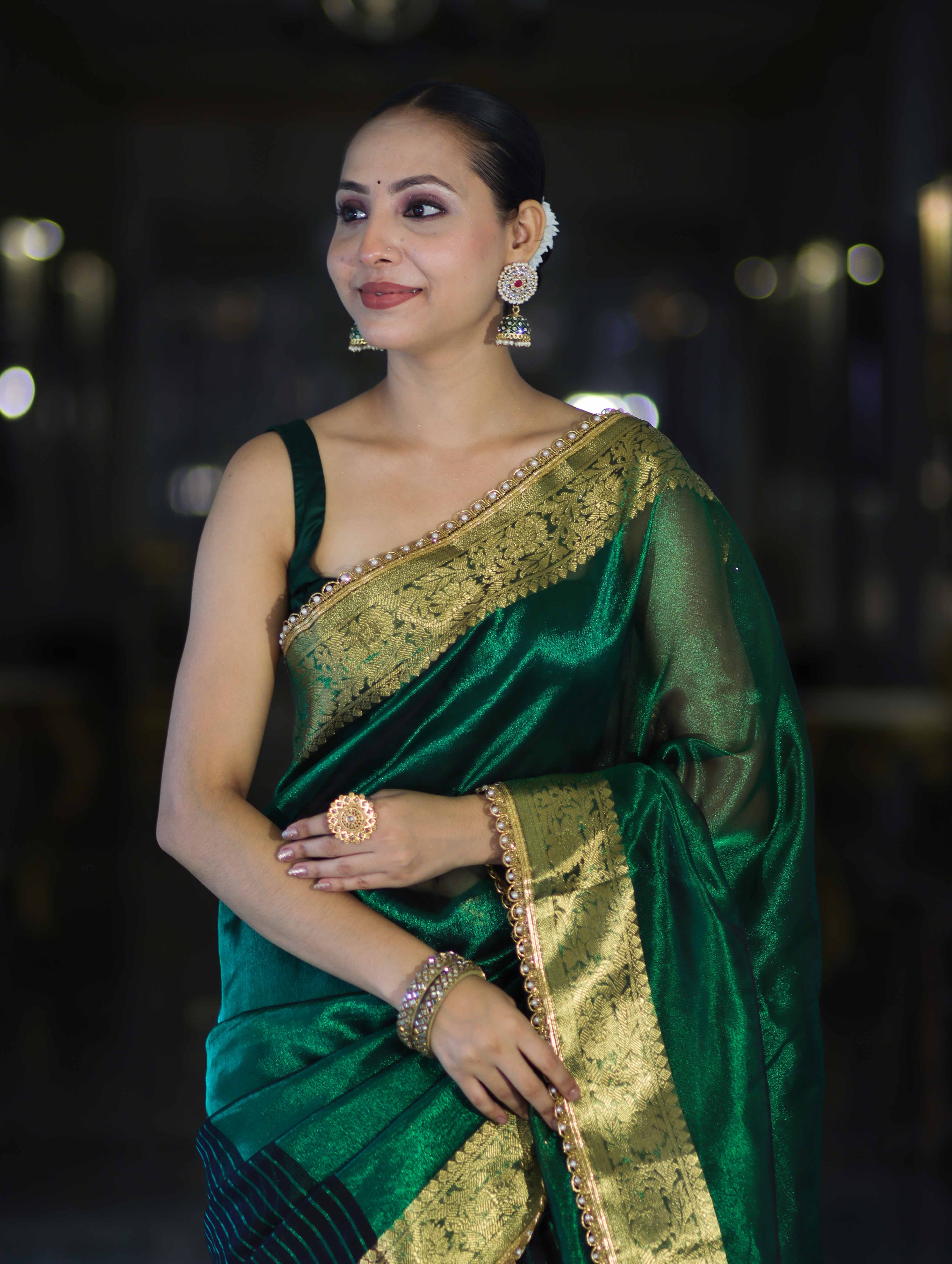 Banarasee Handwoven Dual Color Tissue Saree With Gold Zari Border & Lace-Green & Black