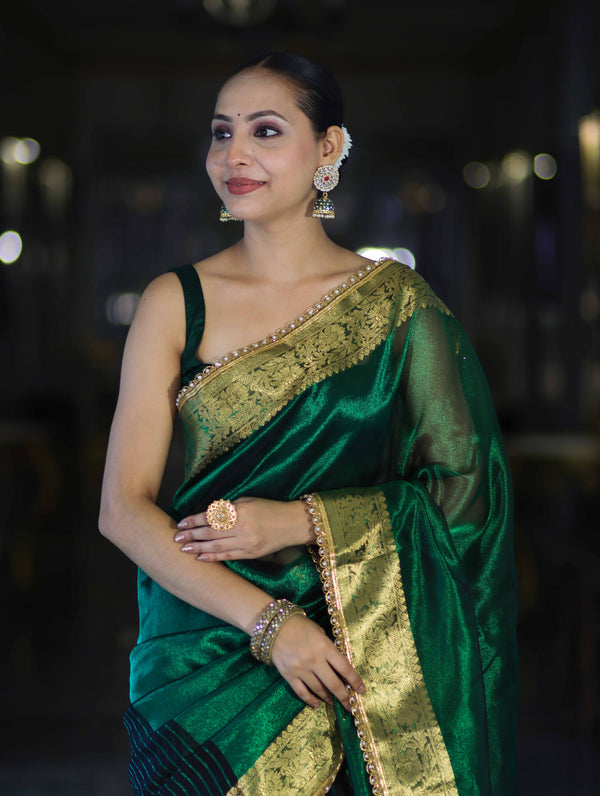 Banarasee Handwoven Dual Color Tissue Saree With Gold Zari Border & Lace-Green & Black