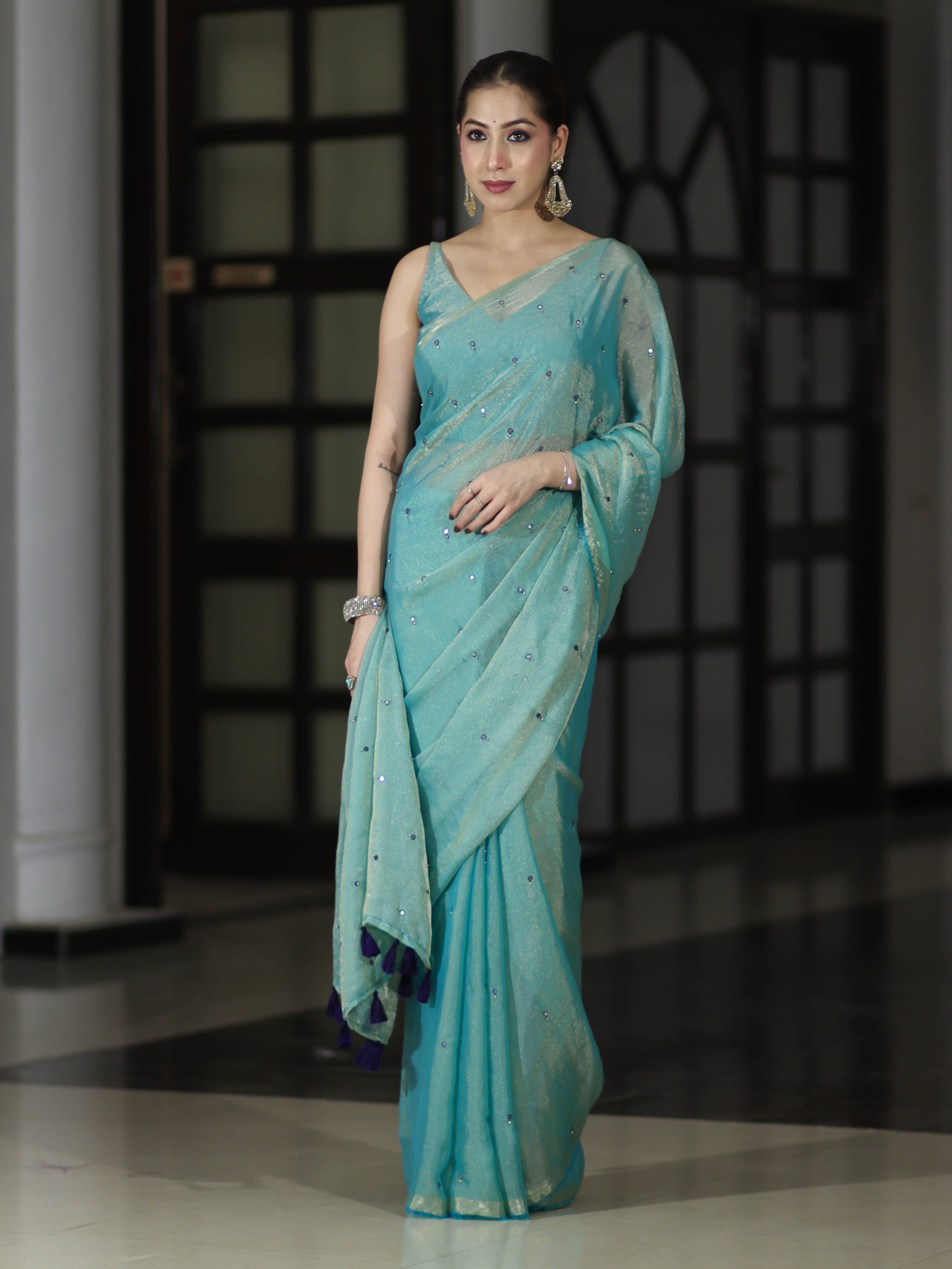 Banarasee Handwoven Dual Shaded Chiffon Saree With Mirror Work-Turquoise Green