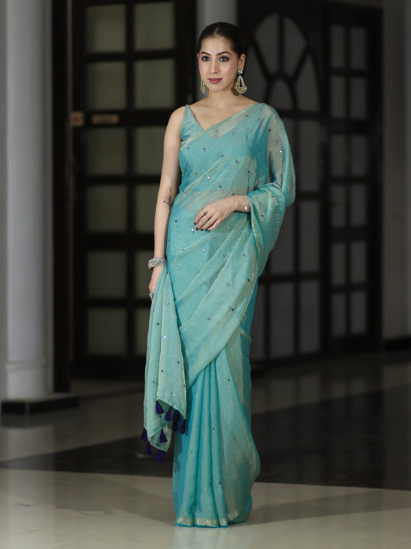 Banarasee Handwoven Dual Shaded Chiffon Saree With Mirror Work-Turquoise Green