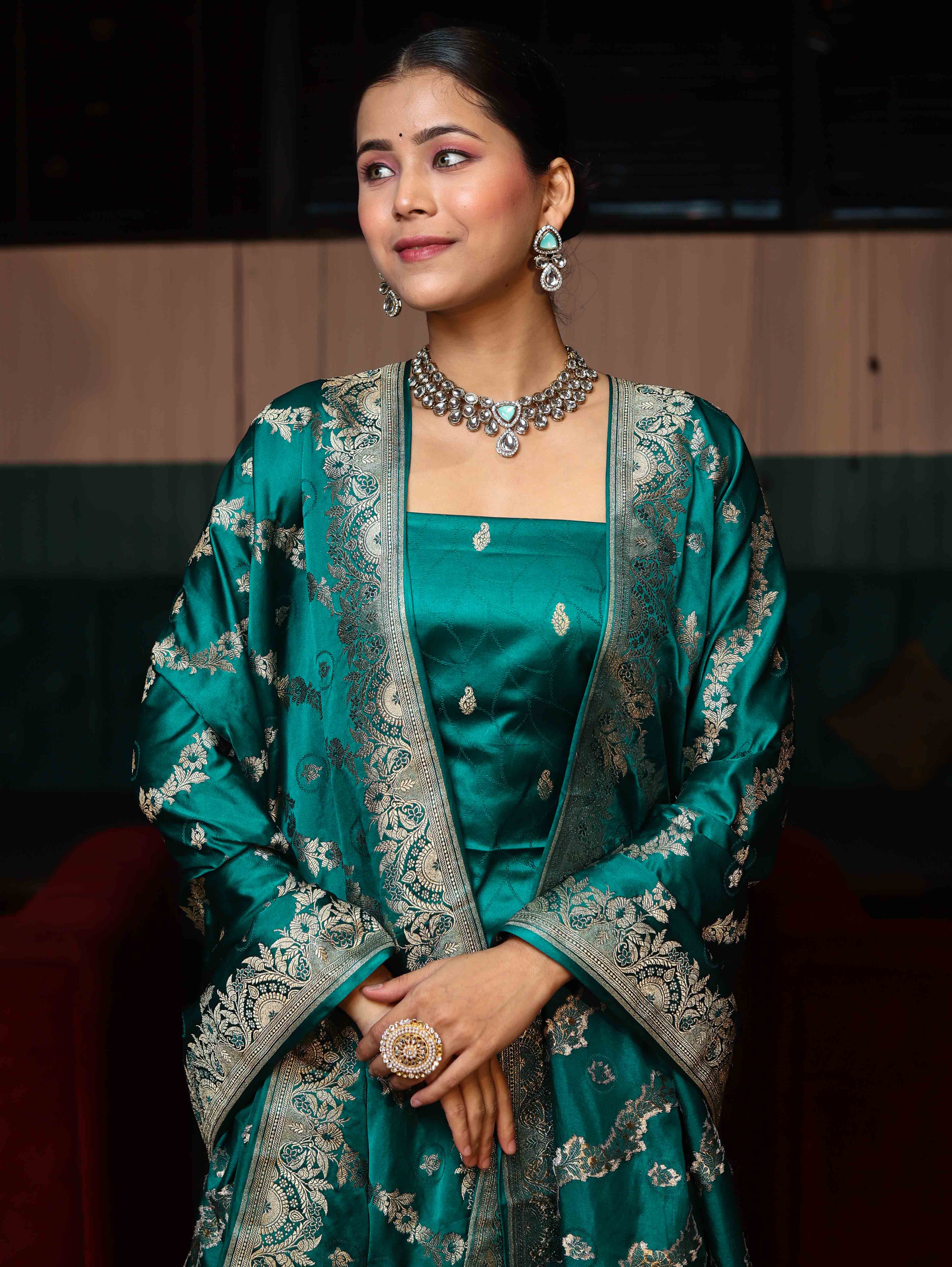Banarasee Semi Katan Silk Zari Work Salwar Kameez Fabric With Dupatta Set-Teal Blue