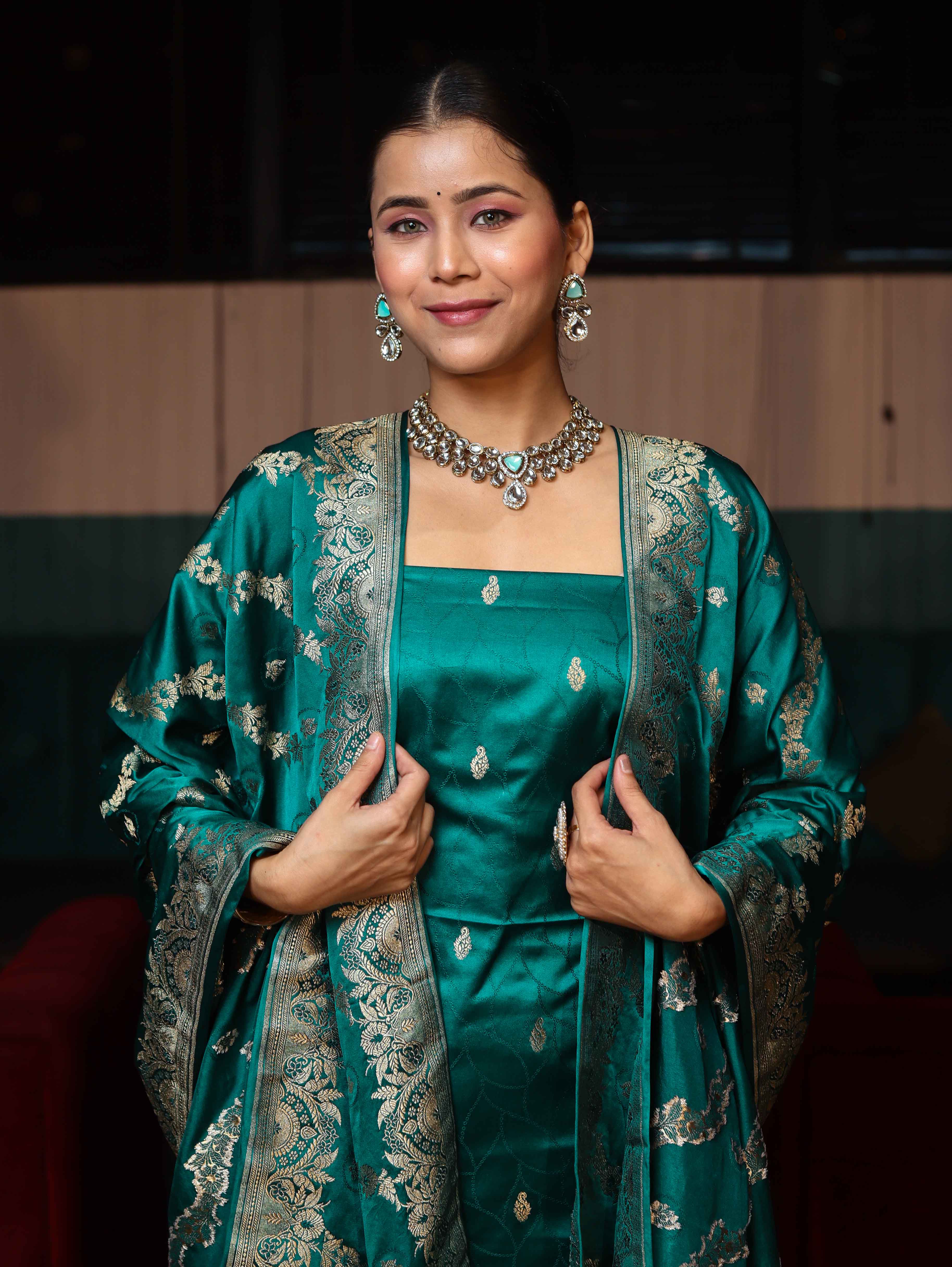 Banarasee Semi Katan Silk Zari Work Salwar Kameez Fabric With Dupatta Set-Teal Blue