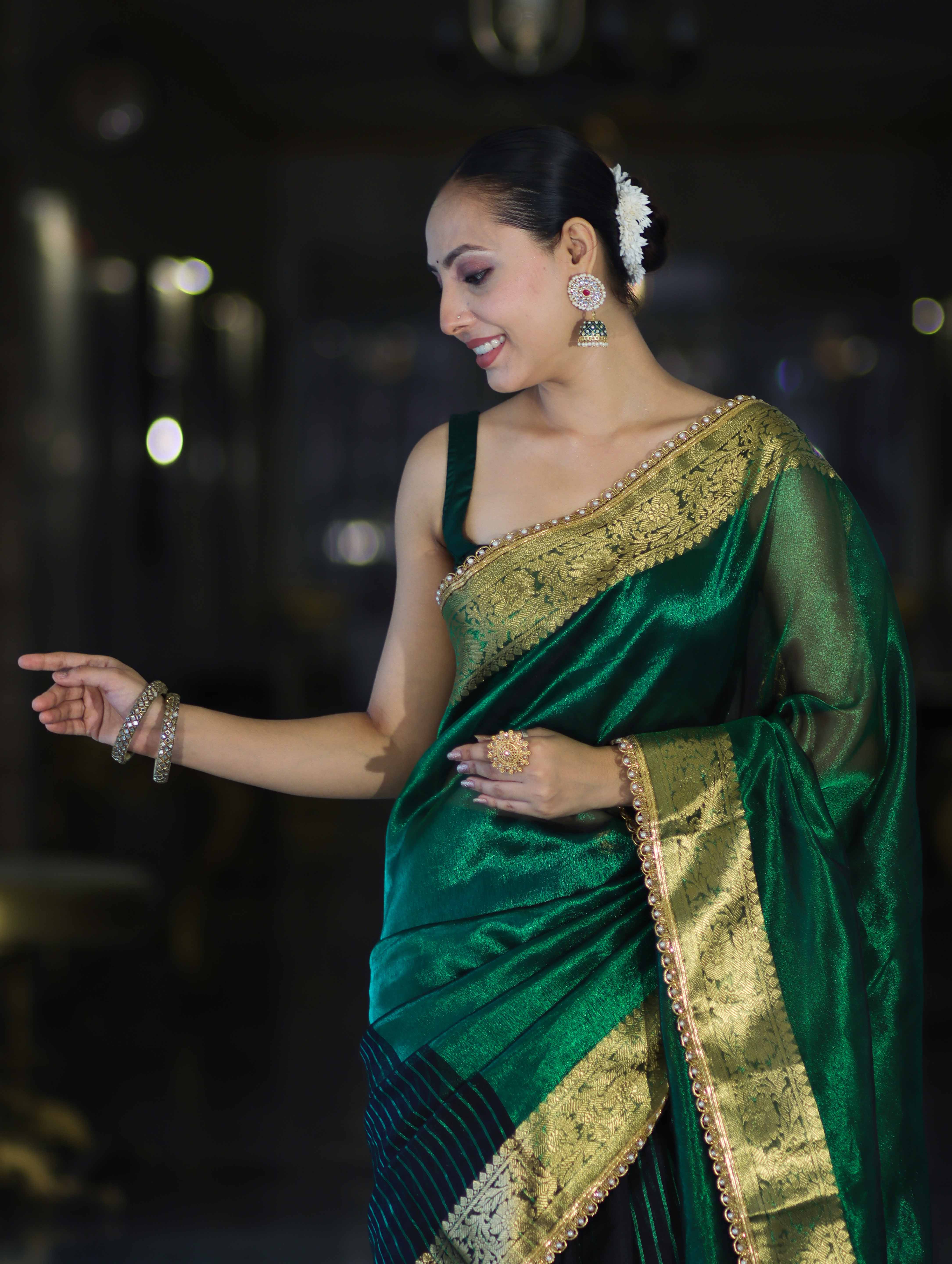 Banarasee Handwoven Dual Color Tissue Saree With Gold Zari Border & Lace-Green & Black