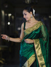 Banarasee Handwoven Dual Color Tissue Saree With Gold Zari Border & Lace-Green & Black