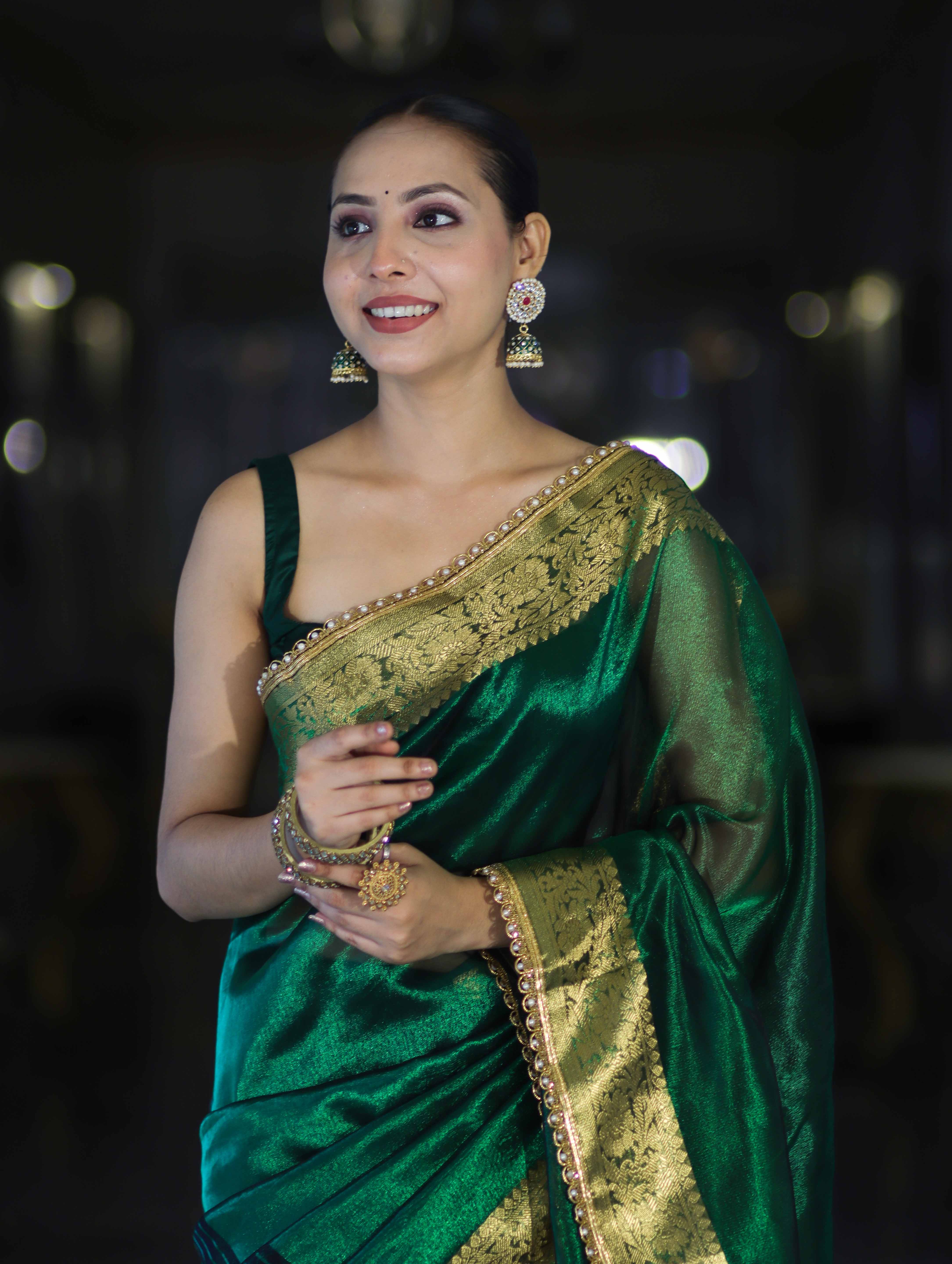 Banarasee Handwoven Dual Color Tissue Saree With Gold Zari Border & Lace-Green & Black