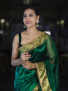 Banarasee Handwoven Dual Color Tissue Saree With Gold Zari Border & Lace-Green & Black