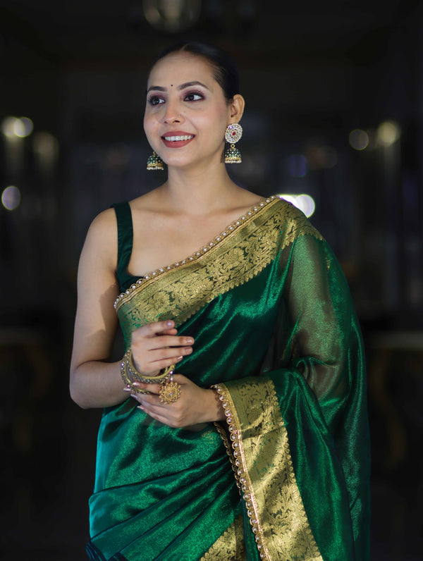 Banarasee Handwoven Dual Color Tissue Saree With Gold Zari Border & Lace-Green & Black