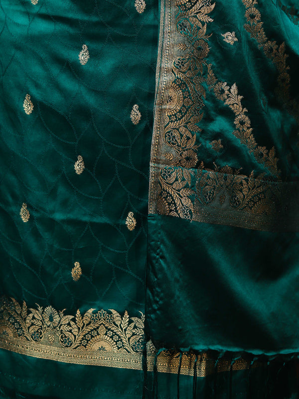 Banarasee Semi Katan Silk Zari Work Salwar Kameez Fabric With Dupatta Set-Teal Blue
