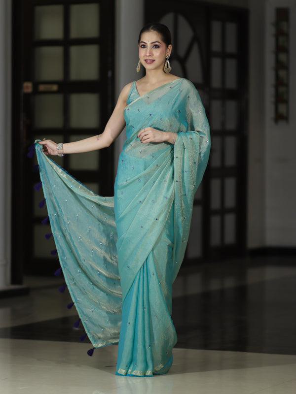 Banarasee Handwoven Dual Shaded Chiffon Saree With Mirror Work-Turquoise Green