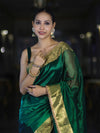 Banarasee Handwoven Dual Color Tissue Saree With Gold Zari Border & Lace-Green & Black