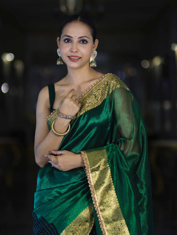 Banarasee Handwoven Dual Color Tissue Saree With Gold Zari Border & Lace-Green & Black