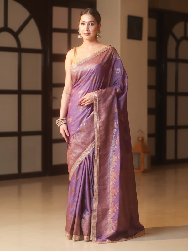 Banarasee Handwoven Silk Cotton Saree Antique Zari Buti & Border With Lace-Purple