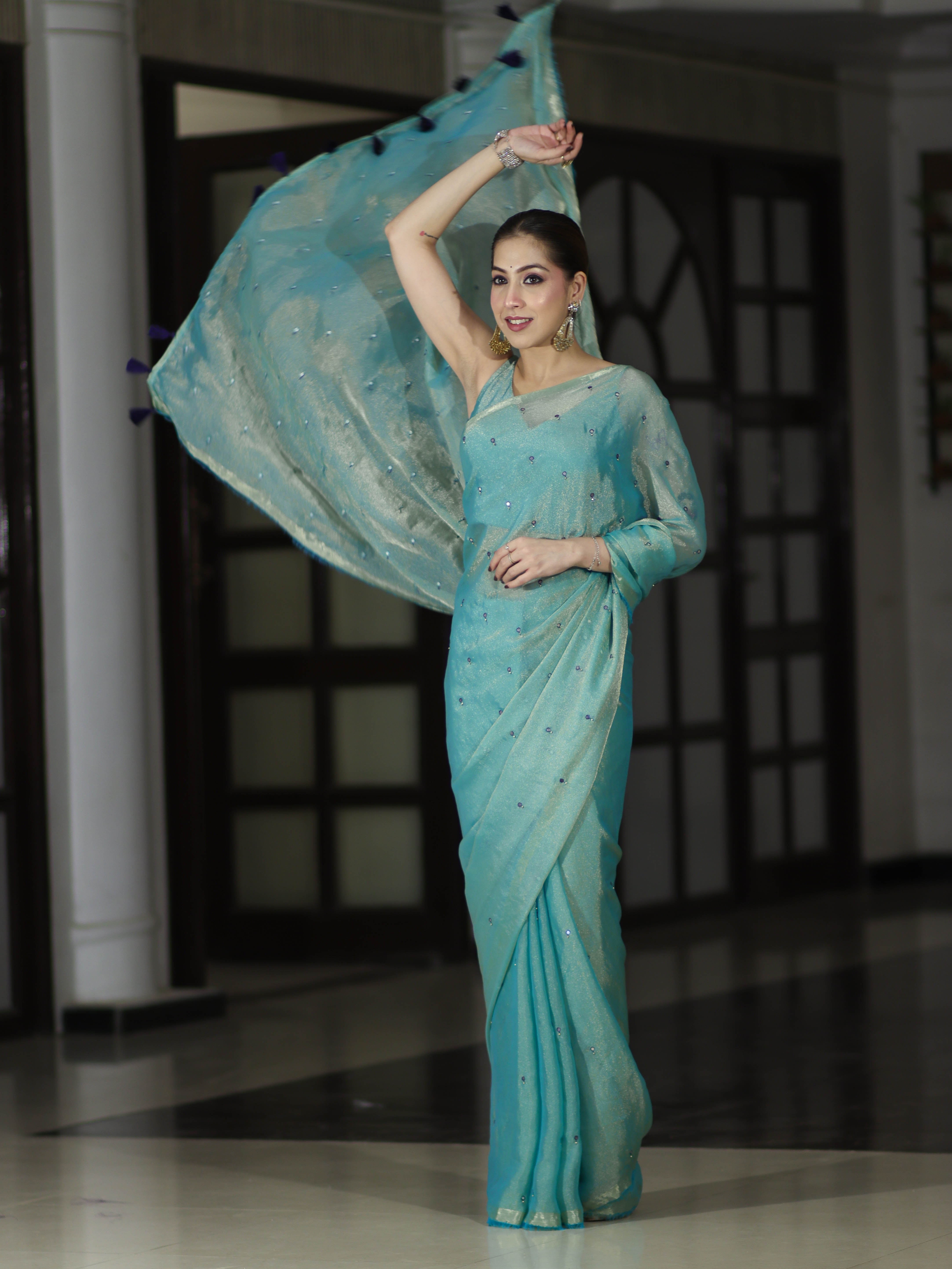 Banarasee Handwoven Dual Shaded Chiffon Saree With Mirror Work-Turquoise Green