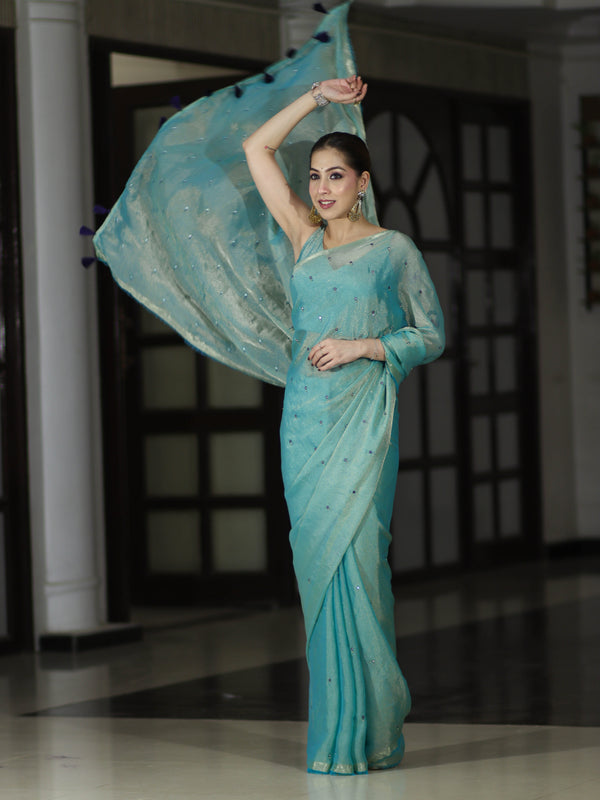Banarasee Handwoven Dual Shaded Chiffon Saree With Mirror Work-Turquoise Green