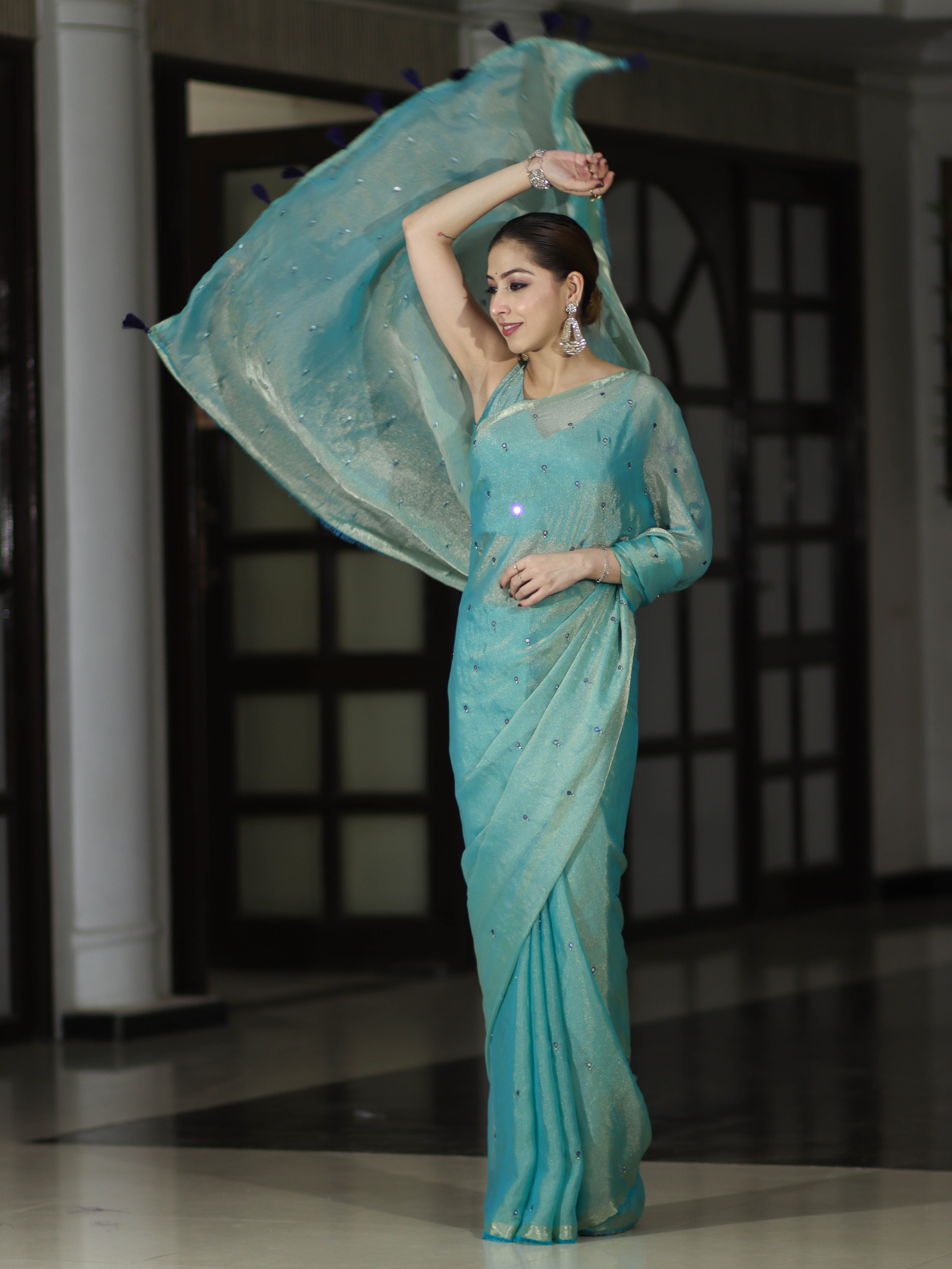 Banarasee Handwoven Dual Shaded Chiffon Saree With Mirror Work-Turquoise Green