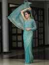 Banarasee Handwoven Dual Shaded Chiffon Saree With Mirror Work-Turquoise Green