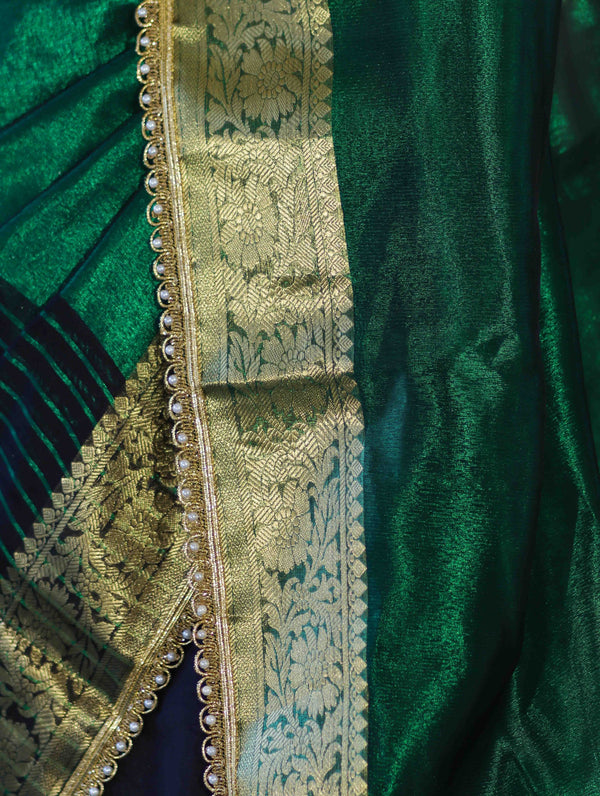 Banarasee Handwoven Dual Color Tissue Saree With Gold Zari Border & Lace-Green & Black