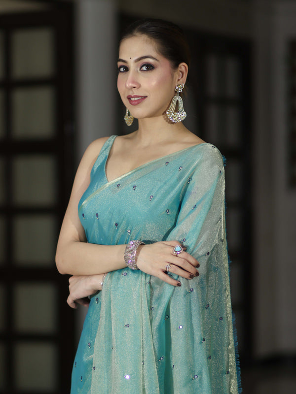 Banarasee Handwoven Dual Shaded Chiffon Saree With Mirror Work-Turquoise Green