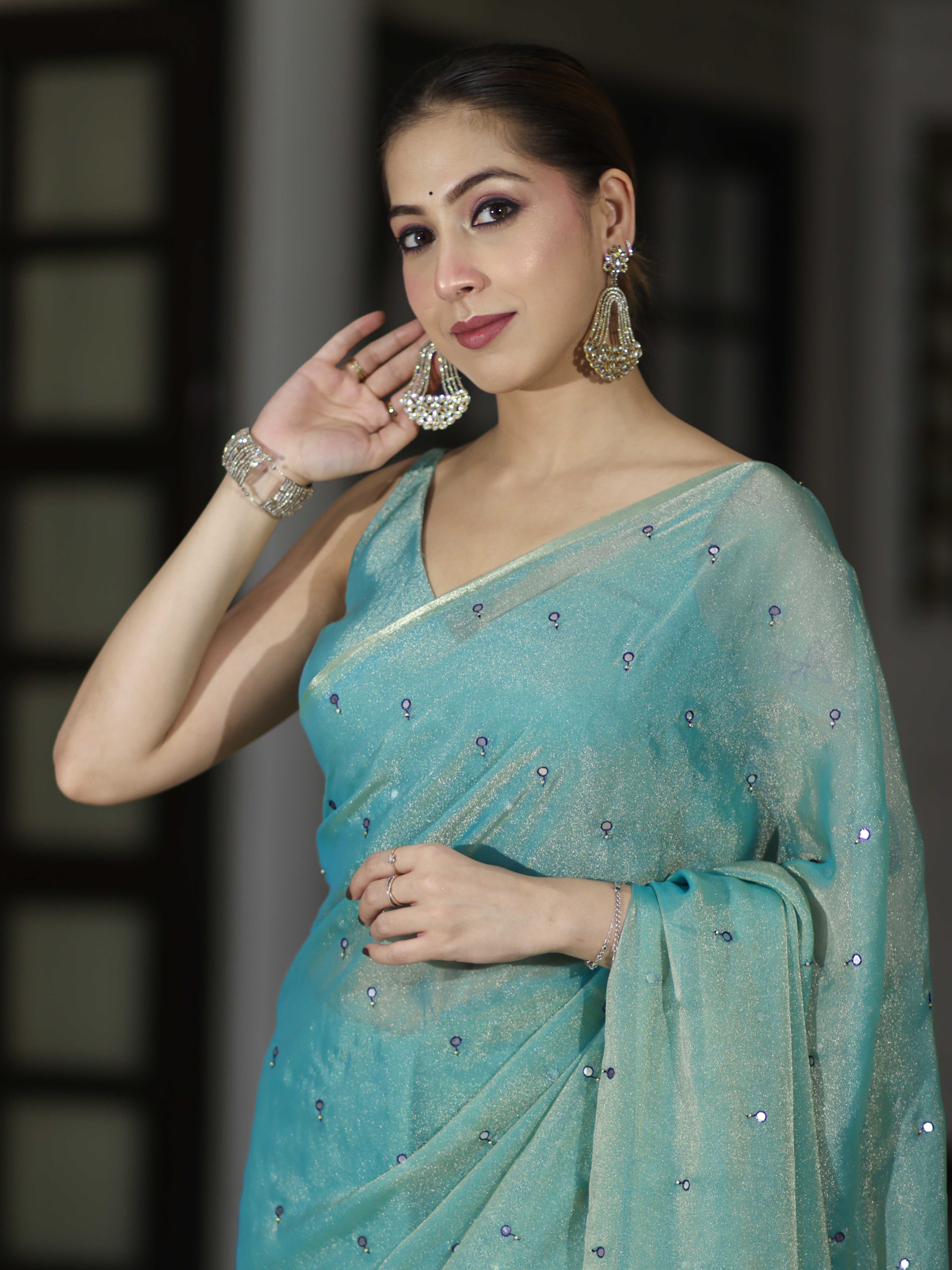Banarasee Handwoven Dual Shaded Chiffon Saree With Mirror Work-Turquoise Green