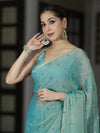 Banarasee Handwoven Dual Shaded Chiffon Saree With Mirror Work-Turquoise Green