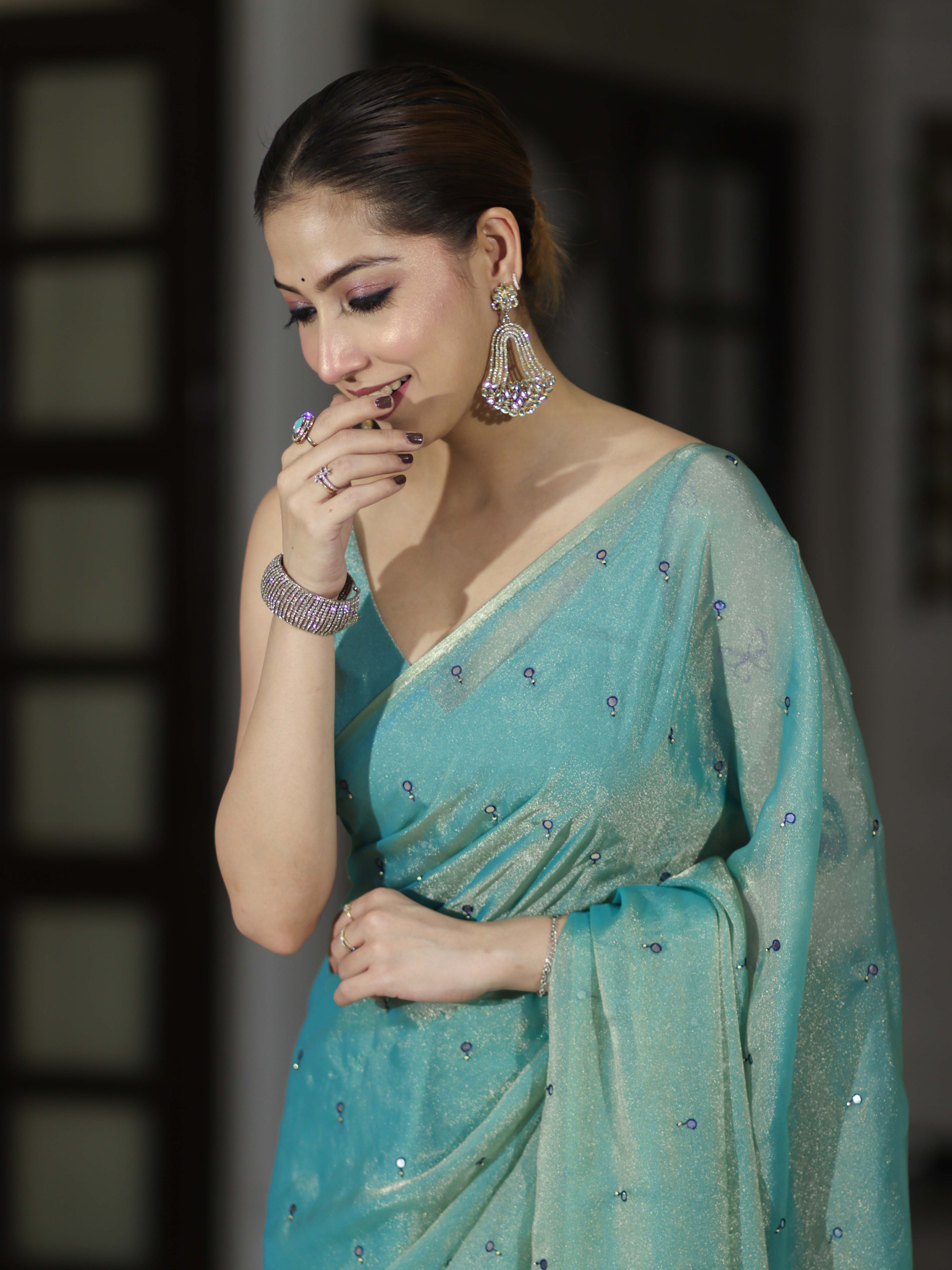 Banarasee Handwoven Dual Shaded Chiffon Saree With Mirror Work-Turquoise Green