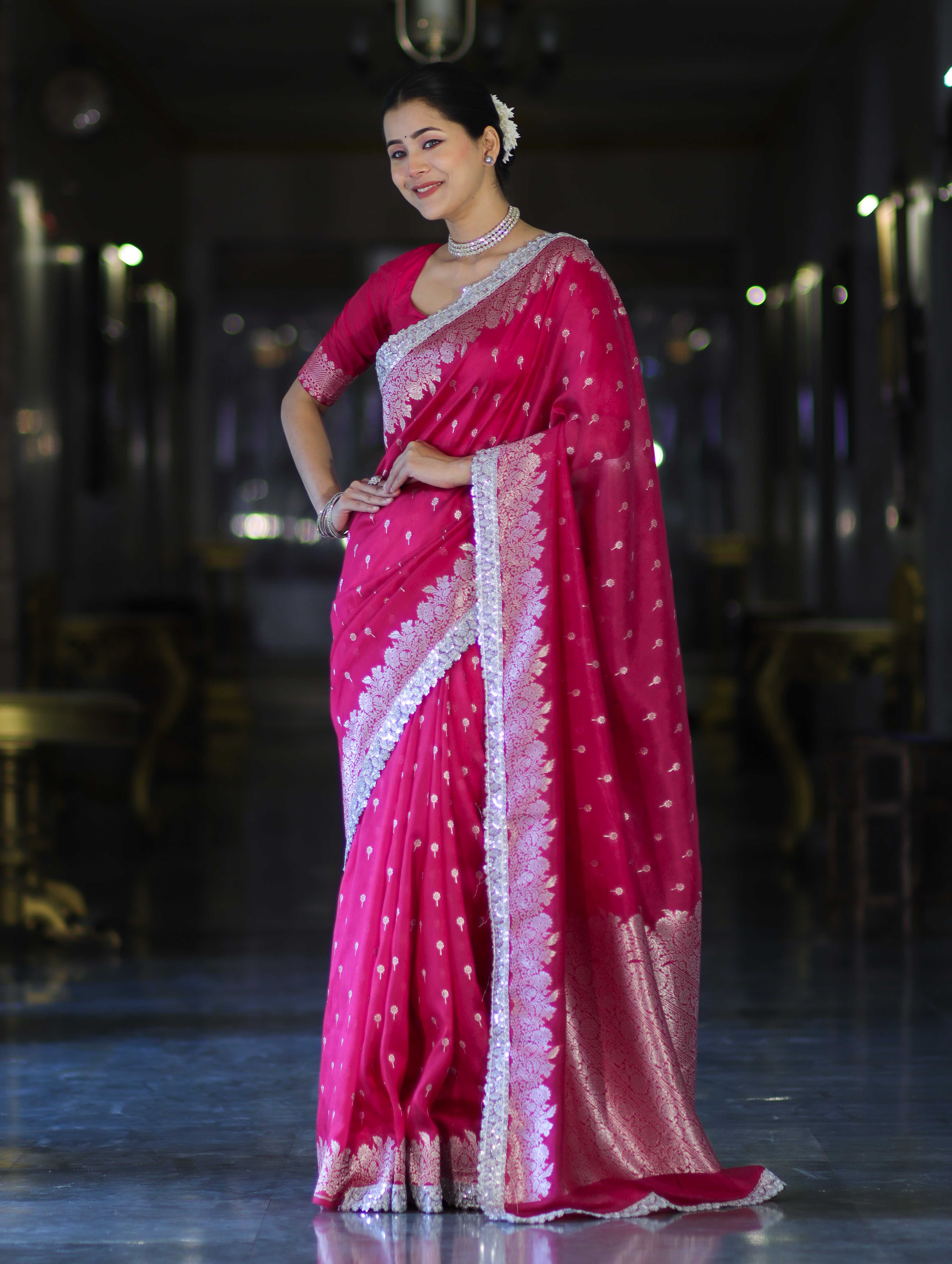 Banarasee Handloom Soft Silk Saree With Zari Buti Design Floral Border & Lace-Pink