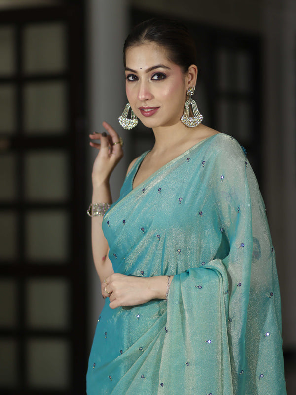 Banarasee Handwoven Dual Shaded Chiffon Saree With Mirror Work-Turquoise Green