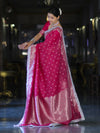 Banarasee Handloom Soft Silk Saree With Zari Buti Design Floral Border & Lace-Pink
