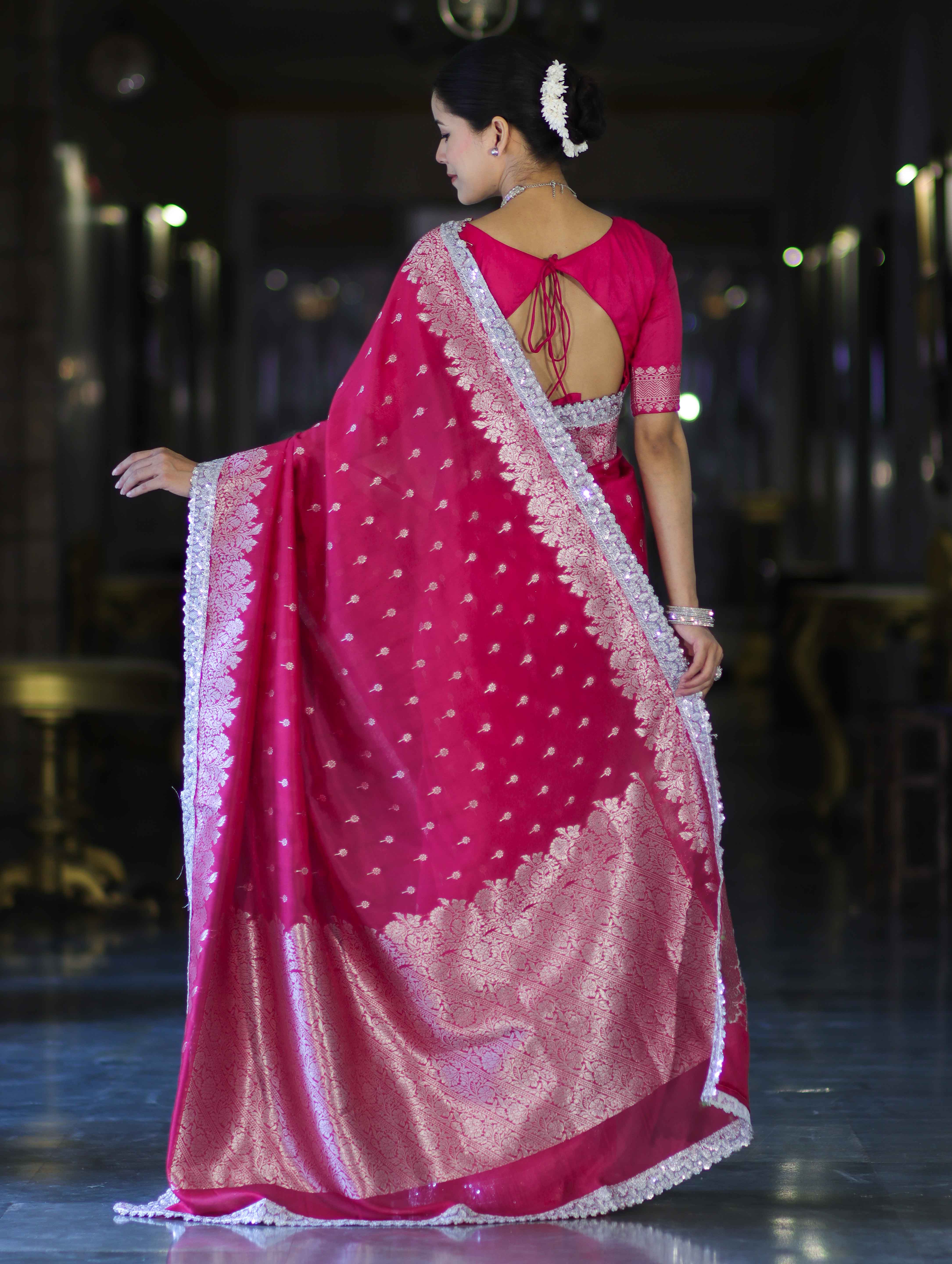 Banarasee Handloom Soft Silk Saree With Zari Buti Design Floral Border & Lace-Pink