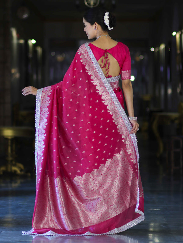 Banarasee Handloom Soft Silk Saree With Zari Buti Design Floral Border & Lace-Pink