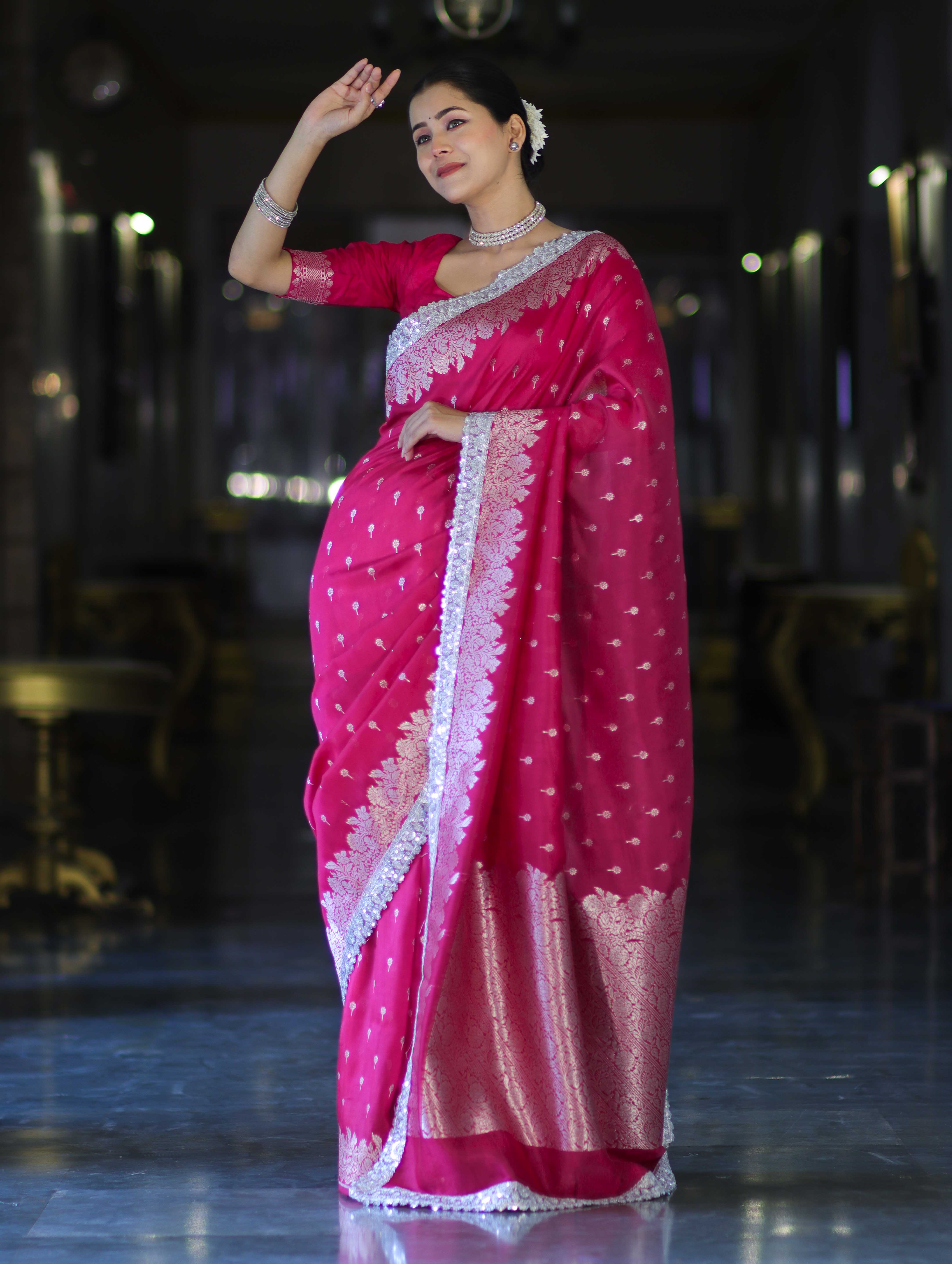 Banarasee Handloom Soft Silk Saree With Zari Buti Design Floral Border & Lace-Pink